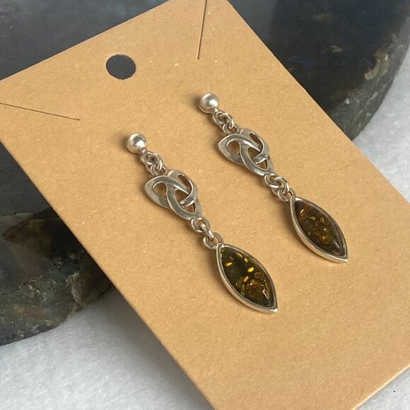 Sterling Silver 925 Celtic Knot Baltic Amber Cabochon Dangle Drop Earrings - Picture 6 of 16